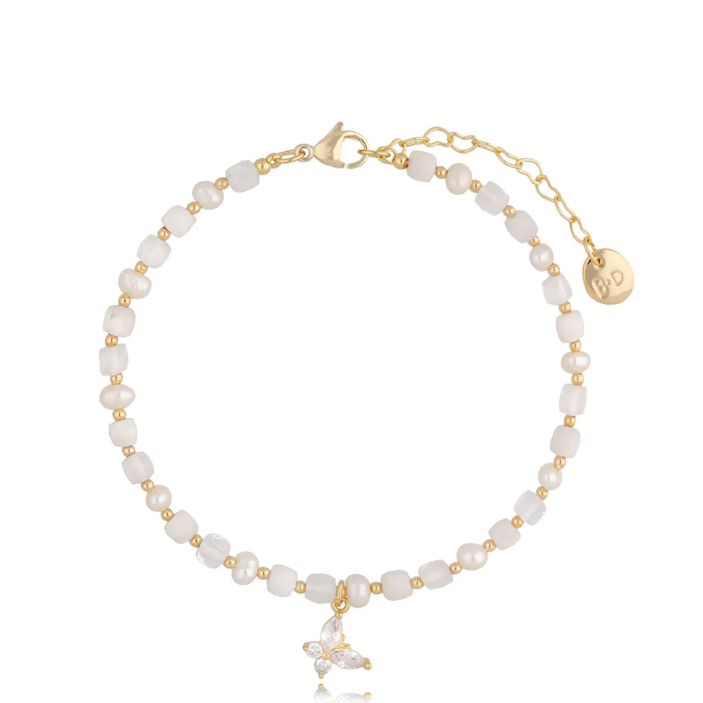 Pearl and Moonstone Anklet with Butterfly