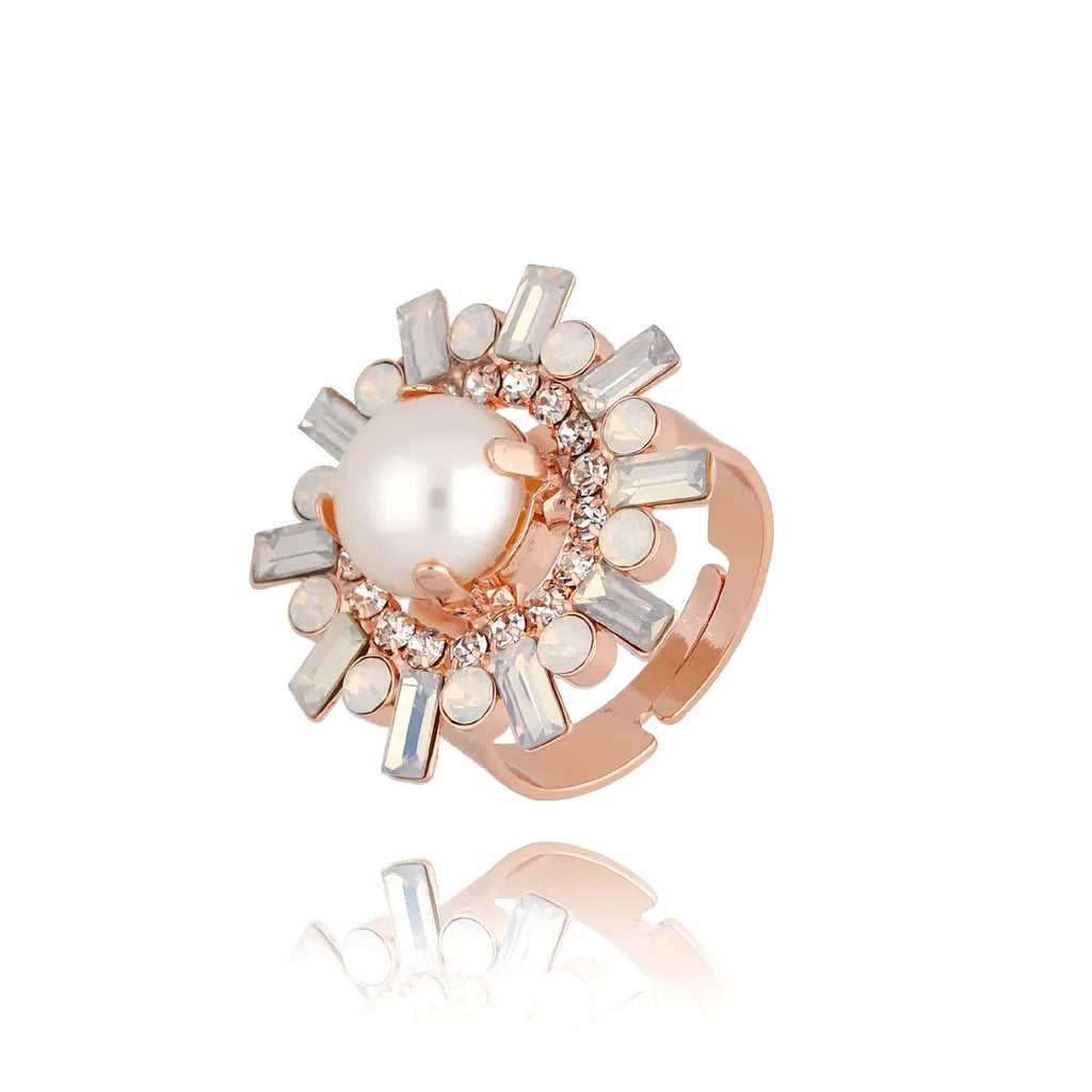 Rose Gold Ring with Ball Pearl and Crystals Adjustable