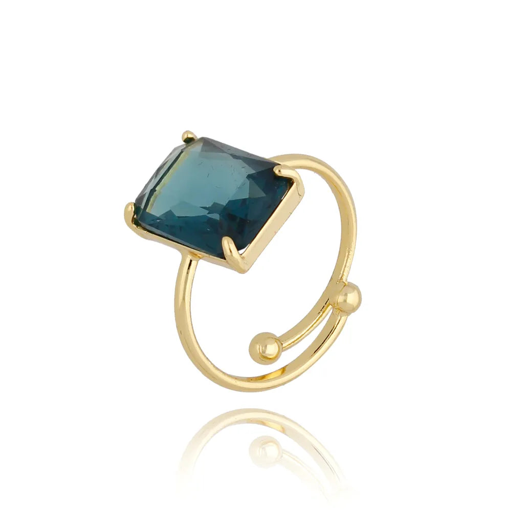 Blue Square Crystal Adjustable Gold Ring