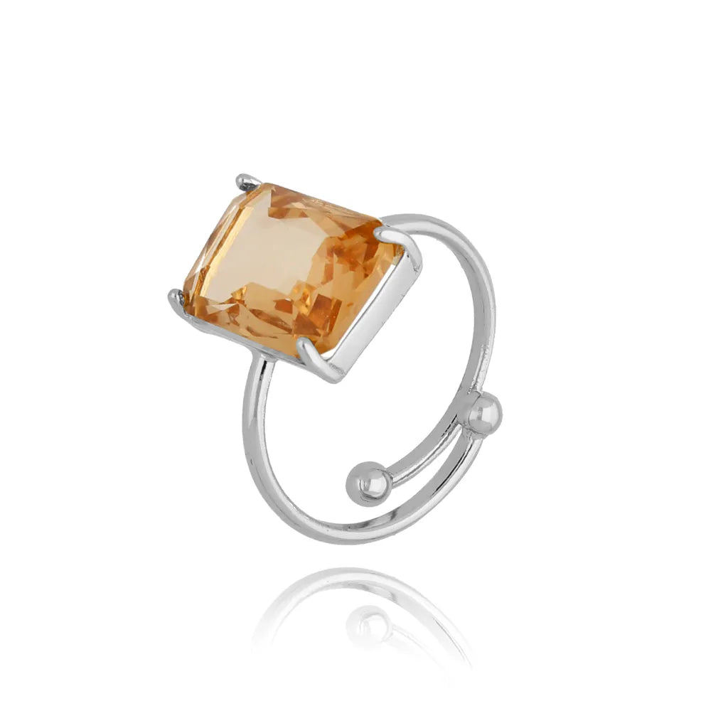 Light Brown Square Crystal Silver Adjustable Ring